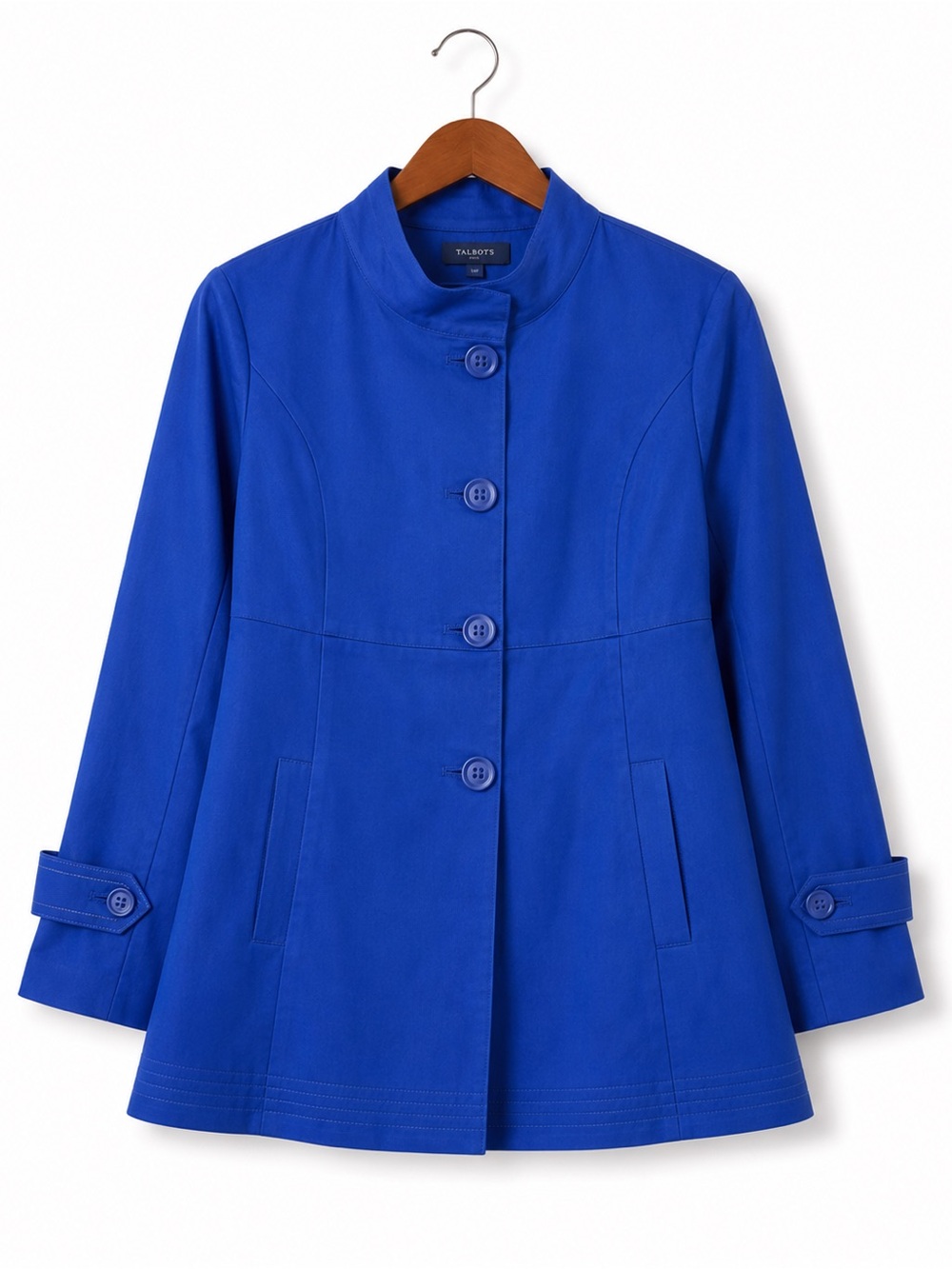 Talbots Royal Blue Cotton Swing Jacket 14P Structured Spring Coat Pleated Back